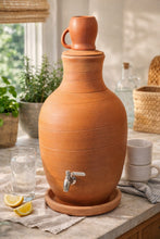 Load image into Gallery viewer, clay dispenser, Handcrafted Terra Cotta Water Pot with Lid, clay plate ,mug and tap, 18 Liter