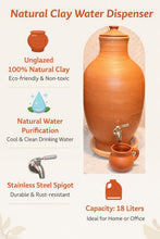 Load image into Gallery viewer, clay dispenser, Handcrafted Terra Cotta Water Pot with Lid, clay plate ,mug and tap, 18 Liter