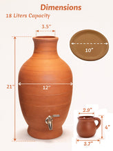 Load image into Gallery viewer, clay dispenser, Handcrafted Terra Cotta Water Pot with Lid, clay plate ,mug and tap, 18 Liter