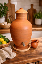 Load image into Gallery viewer, clay dispenser, Handcrafted Terra Cotta Water Pot with Lid, clay plate ,mug and tap, 18 Liter
