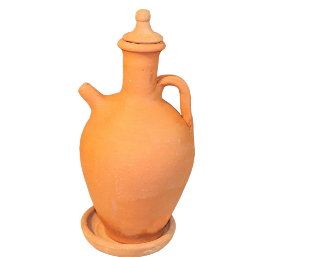 Handmade Pottery Pitcher with spout, Clay Water jug, Unglazed Terracotta Mud jar, Earthenware carafe, Traditional drinking Bottle with plate